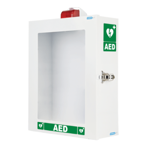 white AED defibrillator cabinet with alarm, and flashing light. Includes Green AED signage.