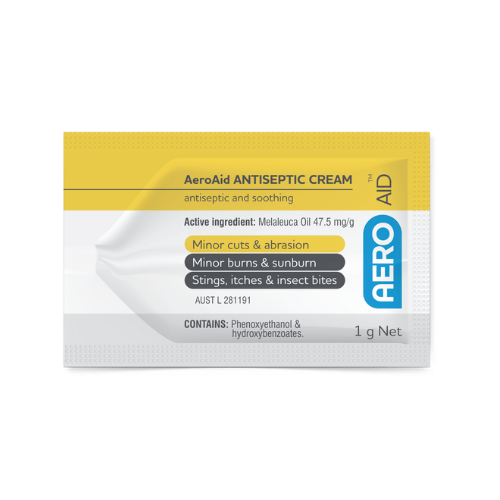 A sachet of Aeroaid antiseptic cream 1g. Active ingredient Melaleuca oil 47.5mg/g