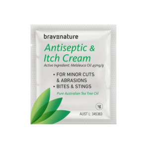 A sachet of 1g Brave Nature Itch Relief Cream. Contains melaleuca oil 42mg/g, Suitable for bites, stings, minor cuts and abrasions.