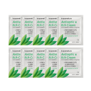 A sachet of 1g Brave Nature Itch Relief Cream. Contains melaleuca oil 42mg/g, Suitable for bites, stings, minor cuts and abrasions. Shows a pack of 10