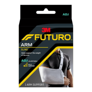 Futuro Arm Sling 3M in box with image of a man correctly wearing the sling