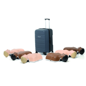 Laerdal QCPR manikins in 6 pack, stackable with roller case. 3 light skin and 3 dark skin
