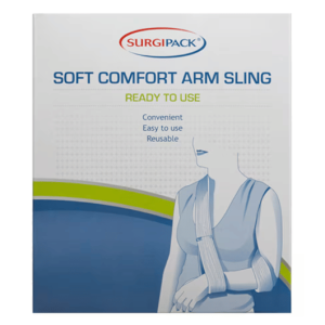 Surgipack soft comfort arm sling box with image of how to wear the sling.