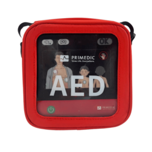 Primedic HeartSave myPAD 670A defibrillator in its carry bag with clear window