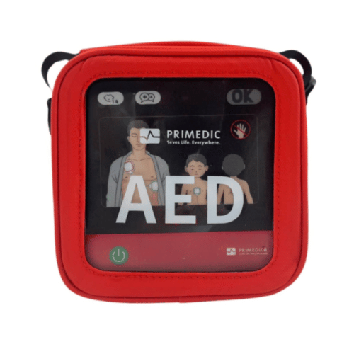Primedic HeartSave myPAD 670A defibrillator in its carry bag with clear window