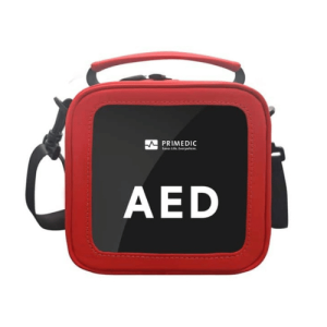 Red Primedic HeartSave myPAD AED carry bag with shoulder strap