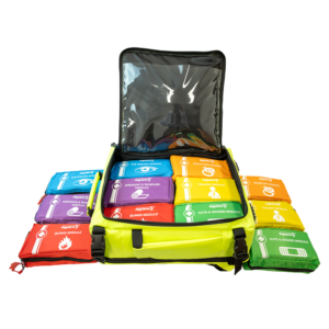 Modulator first aid backpack open with six colour-coded modules