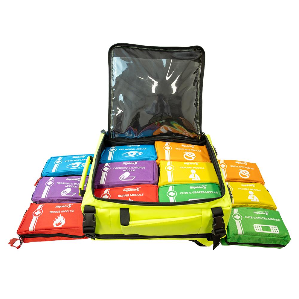 Modulator first aid backpack open with six colour-coded modules
