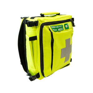 Side view of the hi-vis Modulator first aid kit backpack with shoulder straps