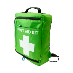 Green Modulator Lite first aid kit backpack with white cross, angled view