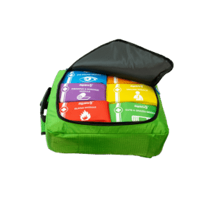 Modulator Lite backpack open with six colour-coded first aid modules inside
