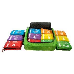 Modulator Lite first aid backpack with the six colour-coded modules laid out