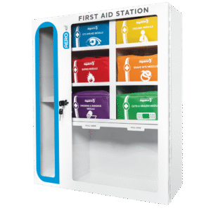 AeroKit Modulator wall-mounted first aid station with six colour-coded modules