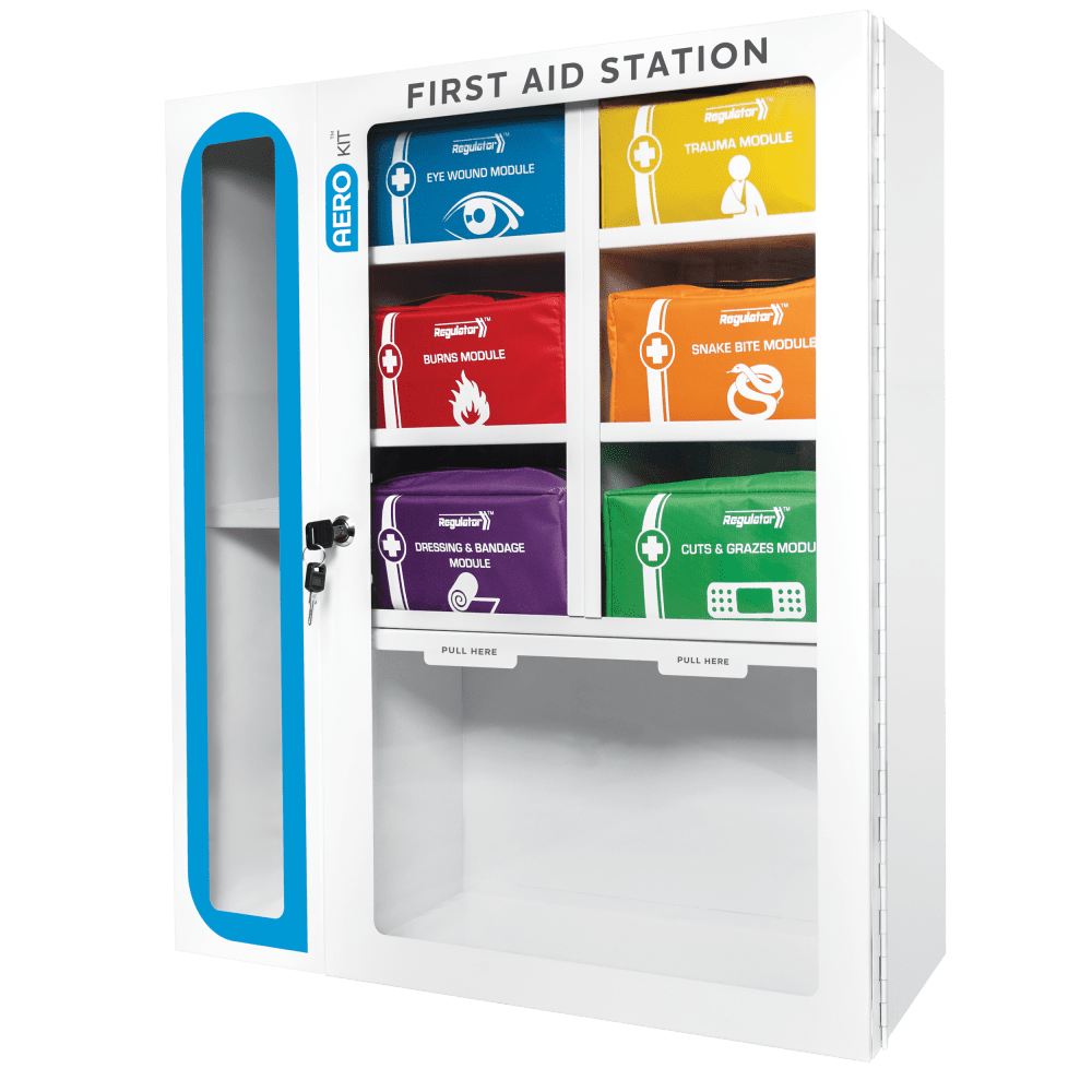 AeroKit Modulator wall-mounted first aid station with six colour-coded modules