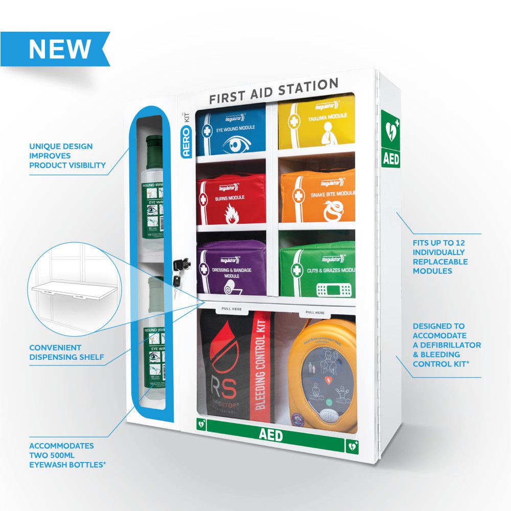 Modulator first aid station with modules and space for AED and eye wash