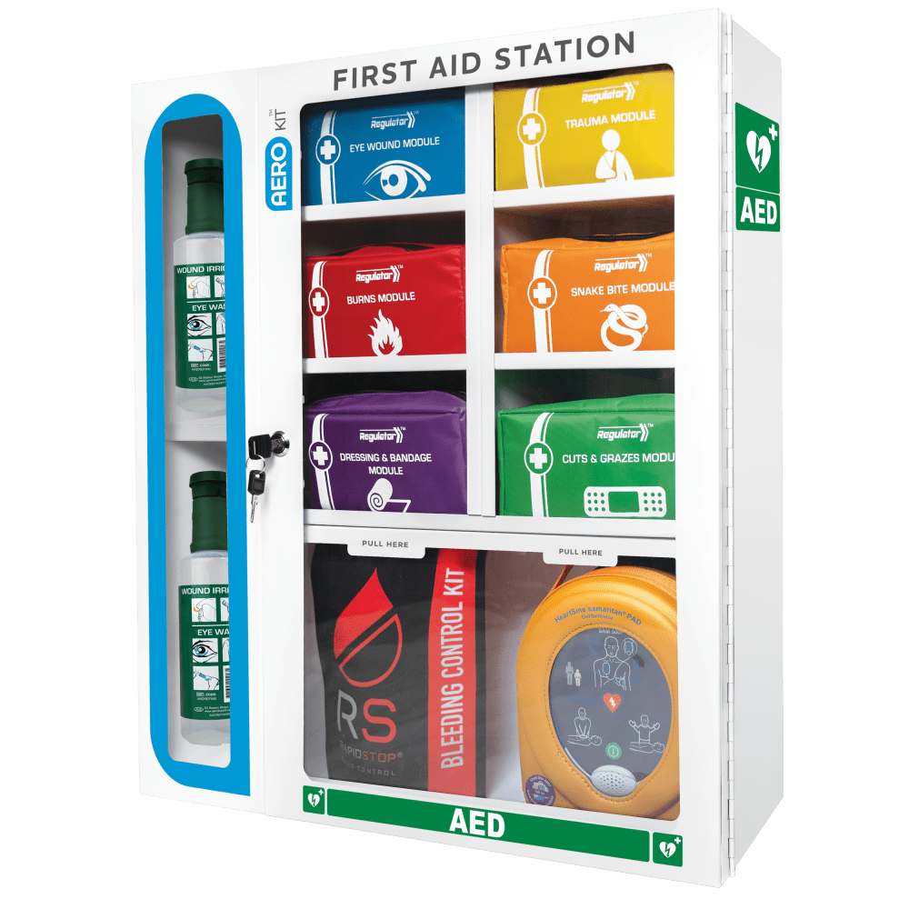 Modulator first aid station with AED and eye wash fitted, sold separately