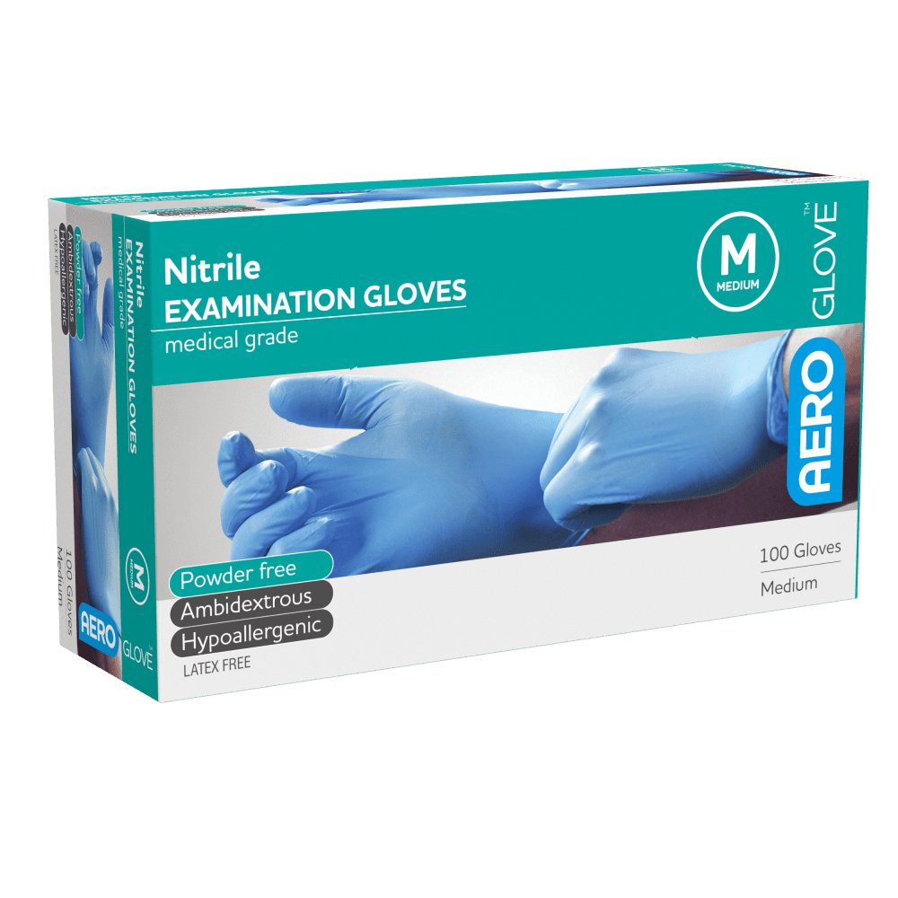 Box of 100 AeroGlove blue nitrile examination gloves, size medium