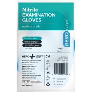Sealed 2-pack of AeroGlove blue nitrile examination gloves, size large, powder-free and latex-free