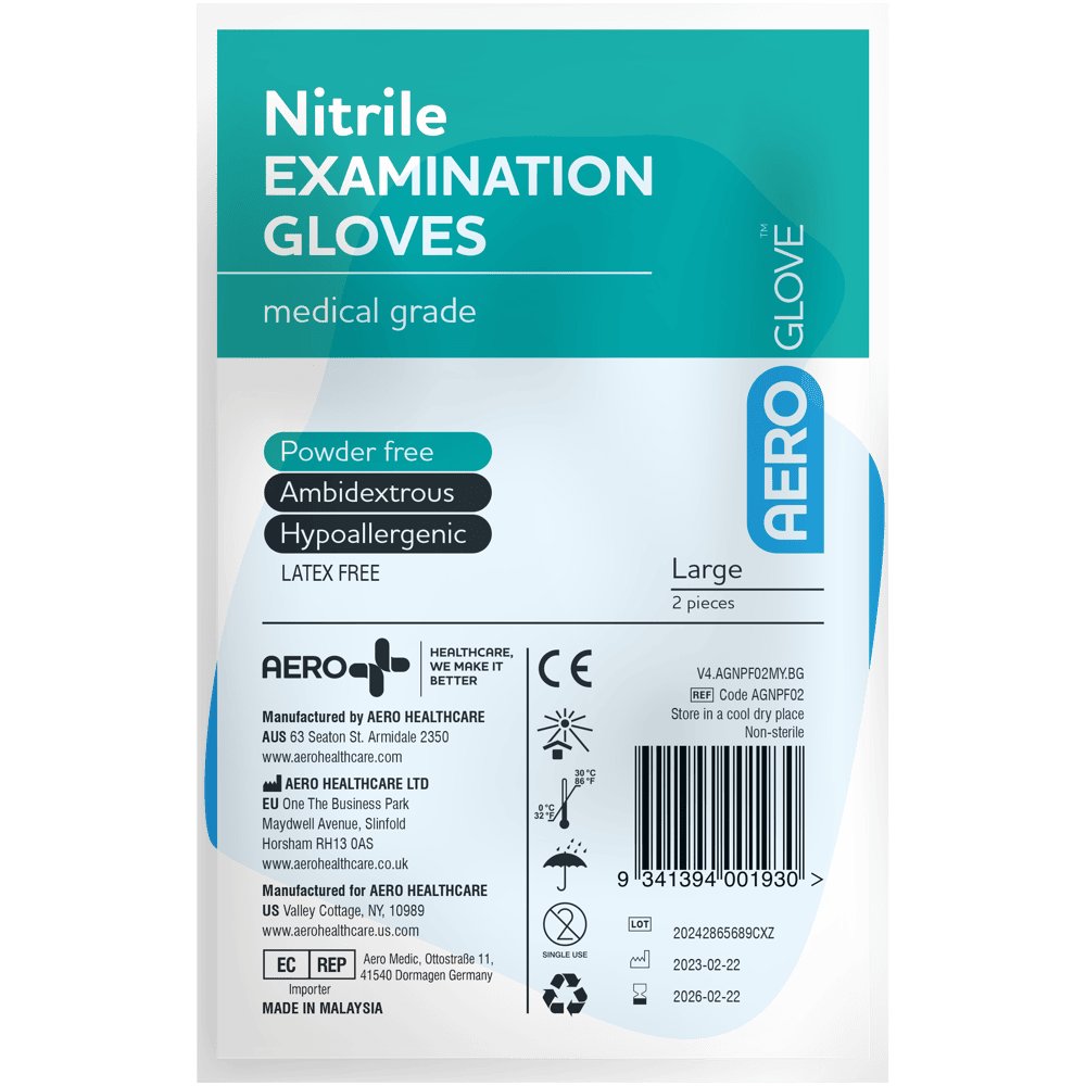 Sealed 2-pack of AeroGlove blue nitrile examination gloves, size large, powder-free and latex-free