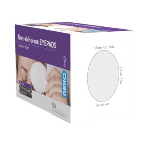 AeroPad eye pad box showing the actual-size 5.5 x 7.7cm oval pad