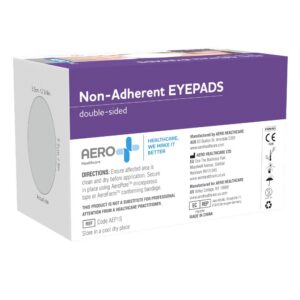 Back of AeroPad eye pad box with directions, sterile EO and CE marks