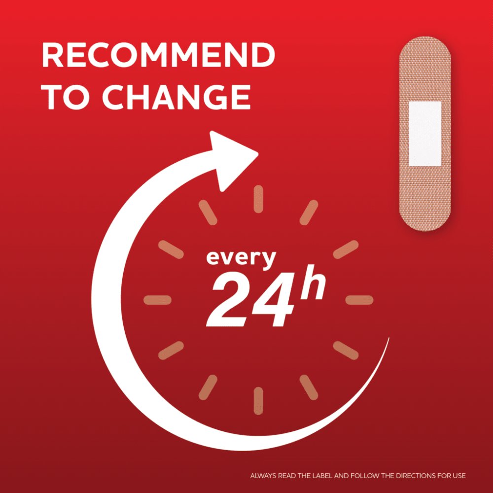 Graphic reminding users to change an AeroPlast fabric bandaid every 24 hours