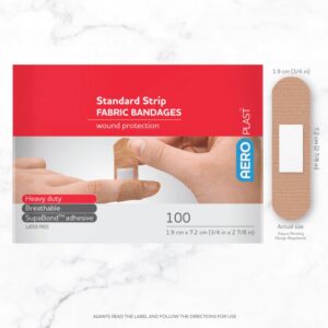 AeroPlast fabric bandaid box of 100 shown next to a standard strip at actual size, 1.9cm x 7.2cm