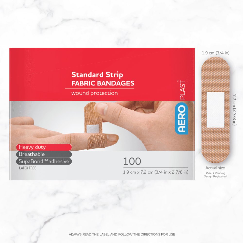 AeroPlast fabric bandaid box of 100 shown next to a standard strip at actual size, 1.9cm x 7.2cm