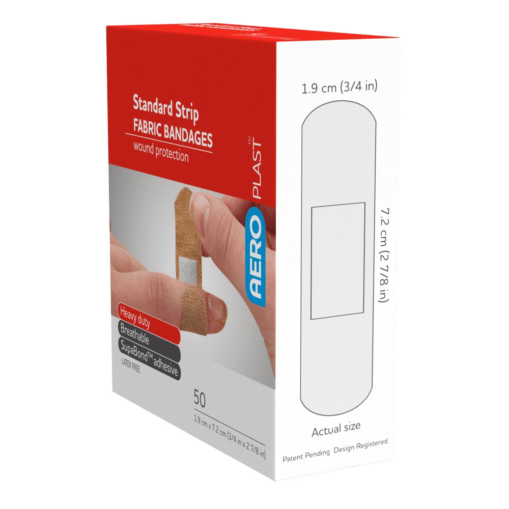 Side of the AeroPlast fabric bandaids box showing a standard strip at actual size, 7.2cm x 1.9cm
