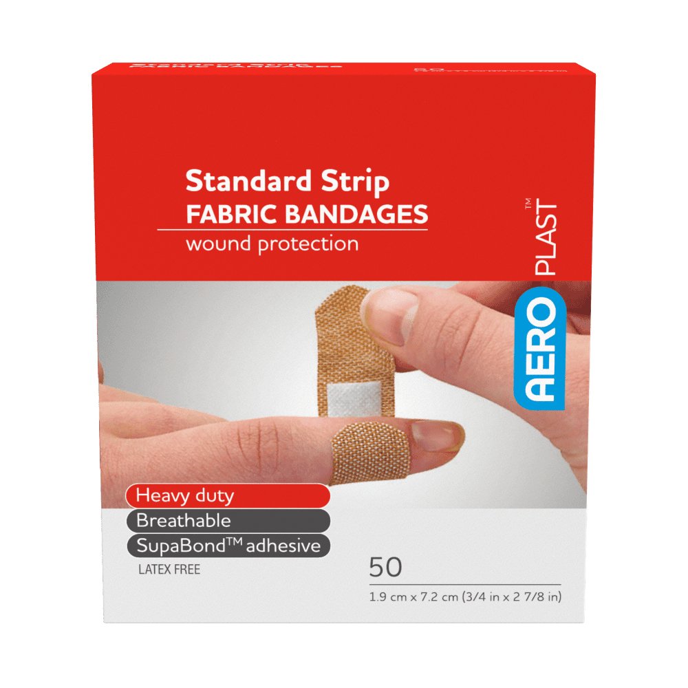 Angled view of the AeroPlast fabric bandaids box of 50 showing the front and side panels