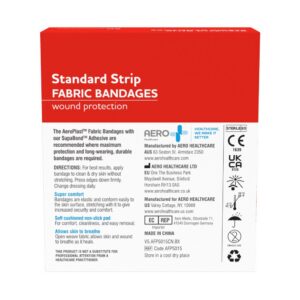 Back panel of the AeroPlast fabric bandaids box showing manufacturer details, CE and UKCA marks and product code