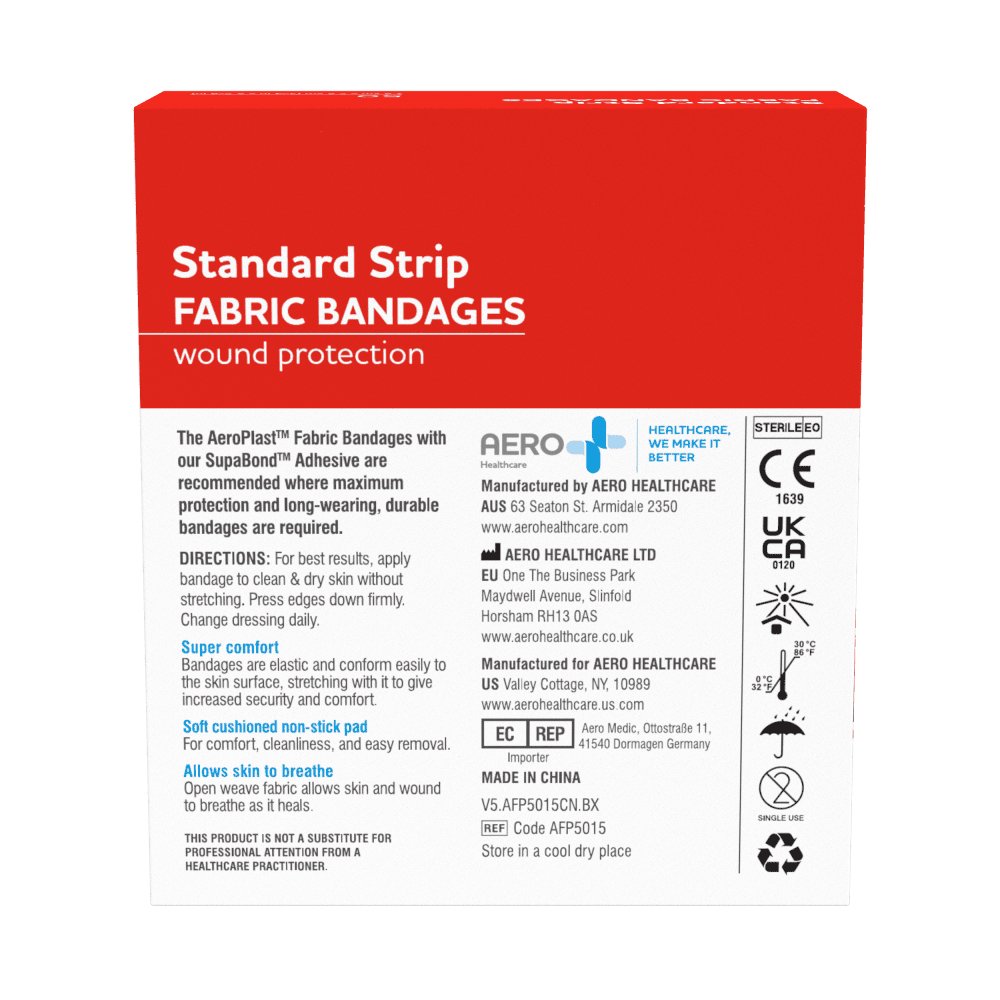 Back panel of the AeroPlast fabric bandaids box showing manufacturer details, CE and UKCA marks and product code