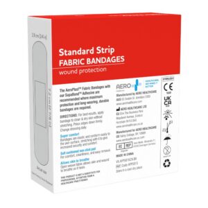 Back of the AeroPlast fabric bandaids box with directions for use and product features