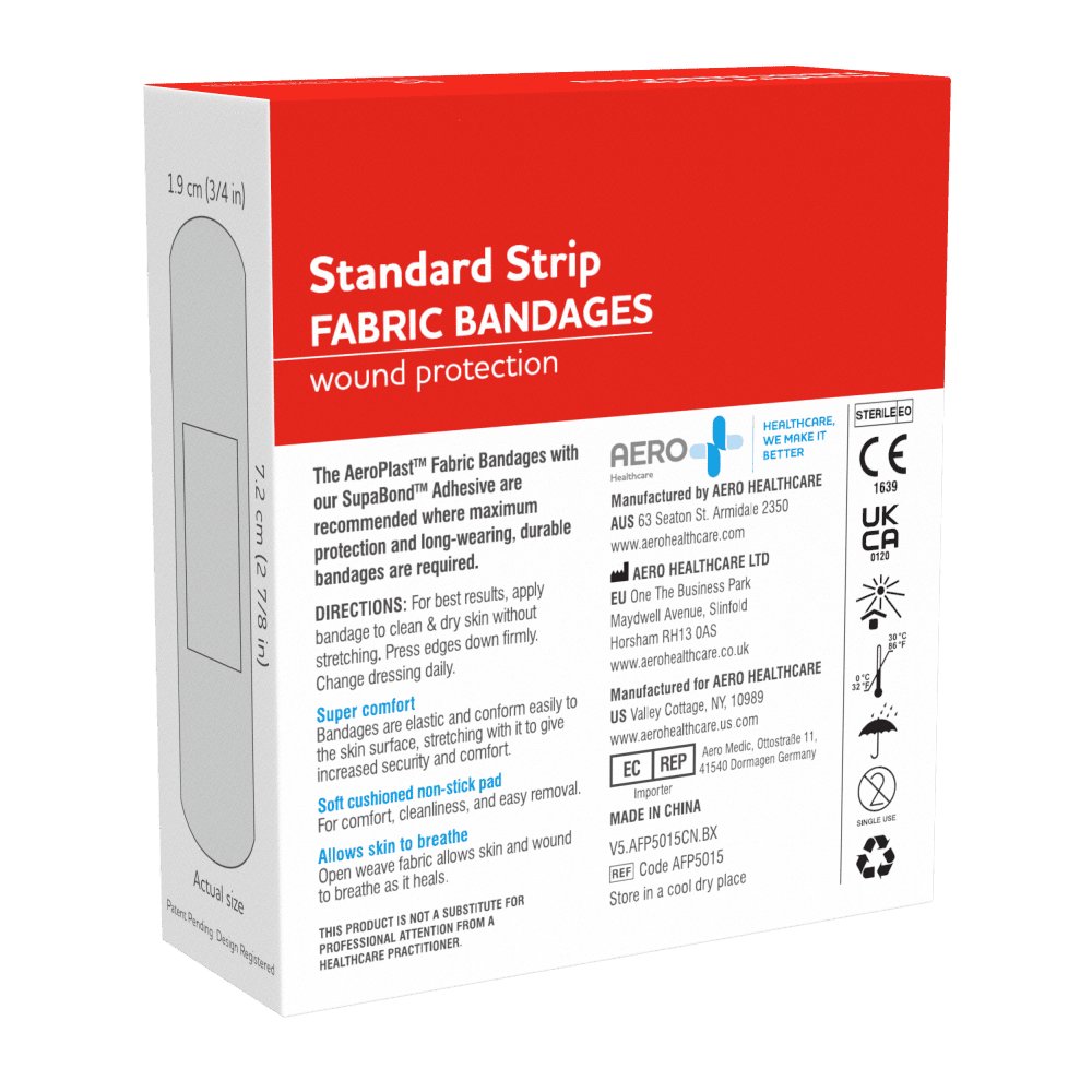 Back of the AeroPlast fabric bandaids box with directions for use and product features