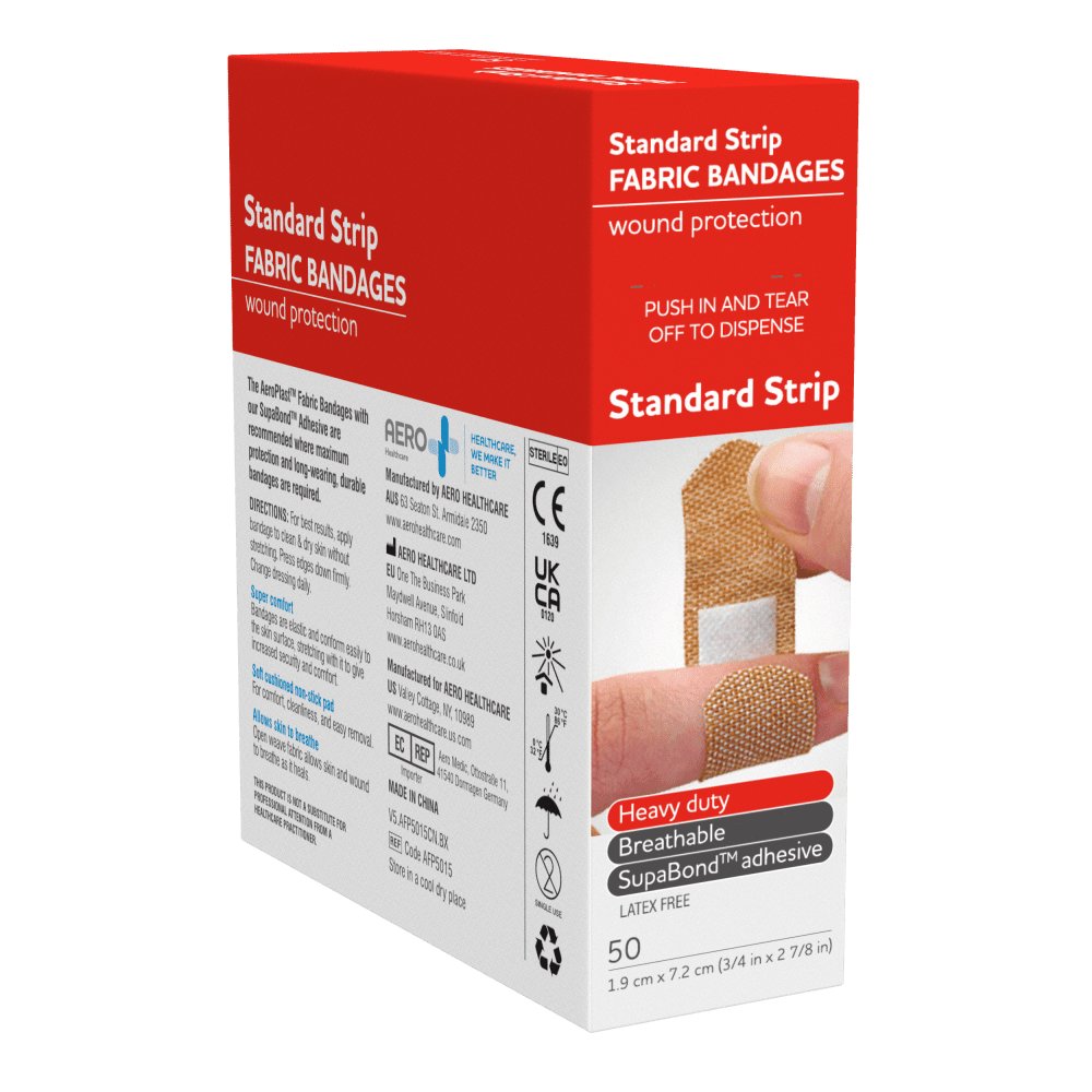 Open AeroPlast fabric bandaids dispenser box with individually wrapped strips ready to pull out