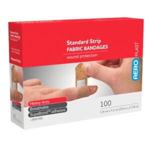 Box of 100 AeroPlast premium fabric bandaid strips, 7.2cm x 1.9cm, front of pack