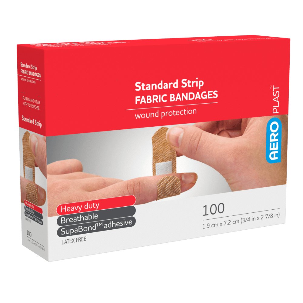 Box of 100 AeroPlast premium fabric bandaid strips, 7.2cm x 1.9cm, front of pack