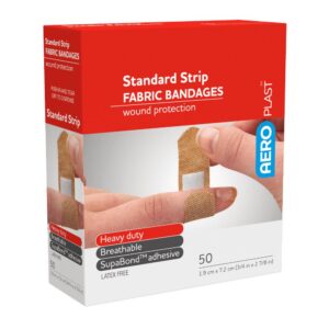 Box of 50 AeroPlast premium fabric bandaid strips, 7.2cm x 1.9cm, front of pack