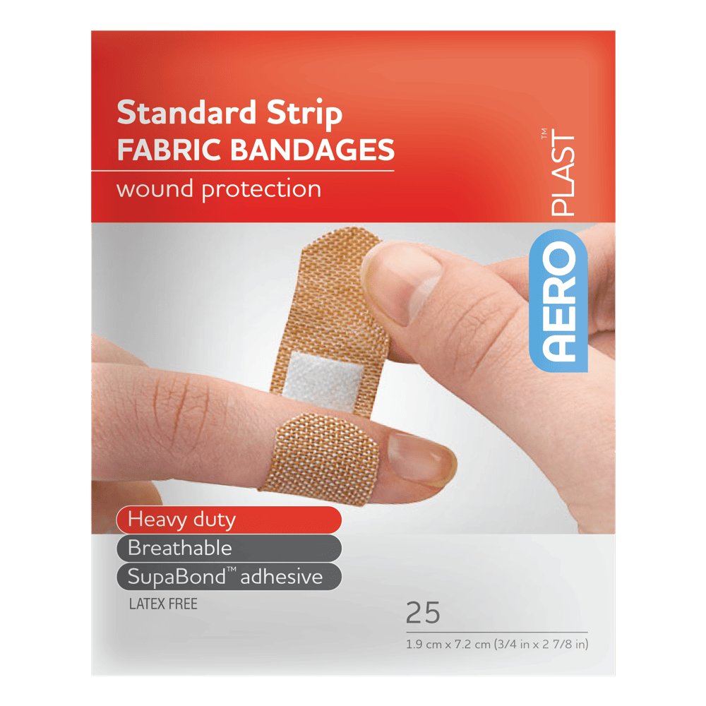 Envelope of 25 AeroPlast premium fabric bandaid strips, 7.2cm x 1.9cm, front of pack