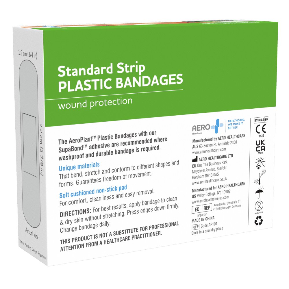 Back of AeroPlast plastic bandages box with directions and sterile EO mark