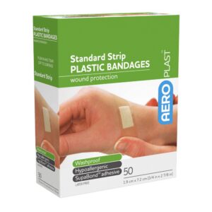 Box of 50 AeroPlast washproof plastic standard strip bandaids 7.2 x 1.9cm