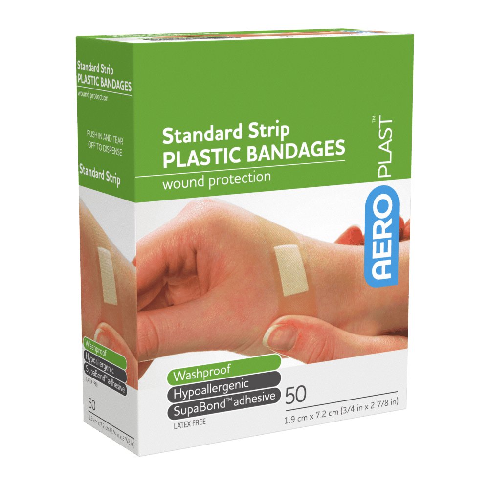 Box of 50 AeroPlast washproof plastic standard strip bandaids 7.2 x 1.9cm