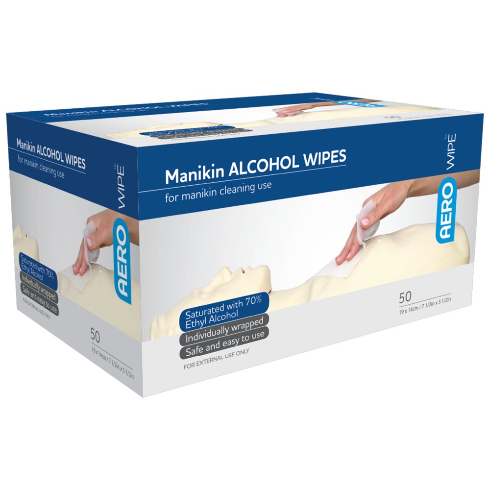 AeroWipe manikin alcohol wipes box of 50, 70% ethyl alcohol, 19 x 14cm individually wrapped