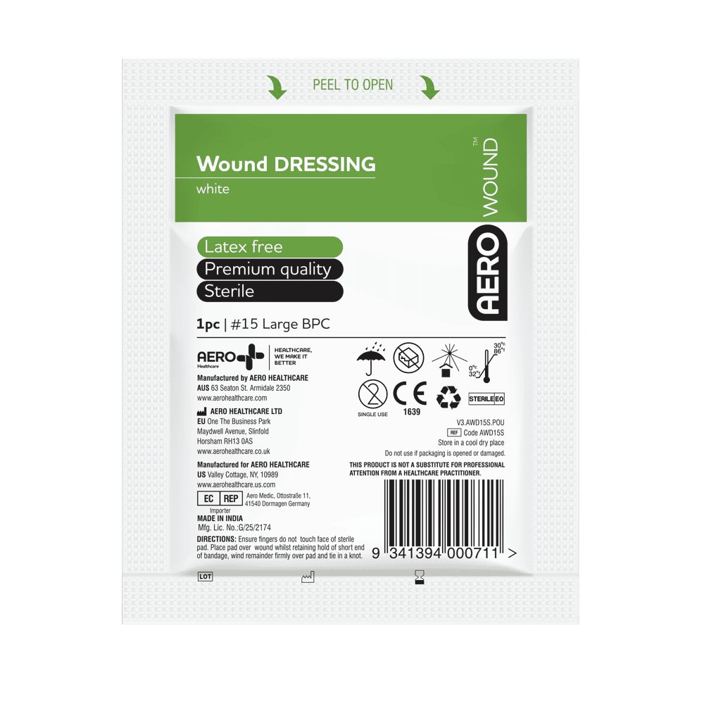 AeroWound sterile BPC wound dressing No 15 large, peel-open pouch