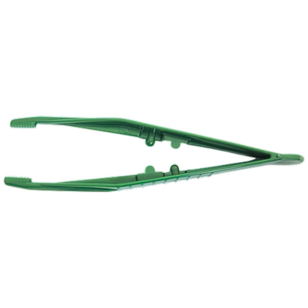 Green disposable plastic forceps, 11cm, single use