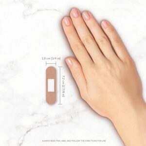 AeroPlast fabric bandaid standard strip on the back of a hand with 7.2cm x 1.9cm dimensions marked