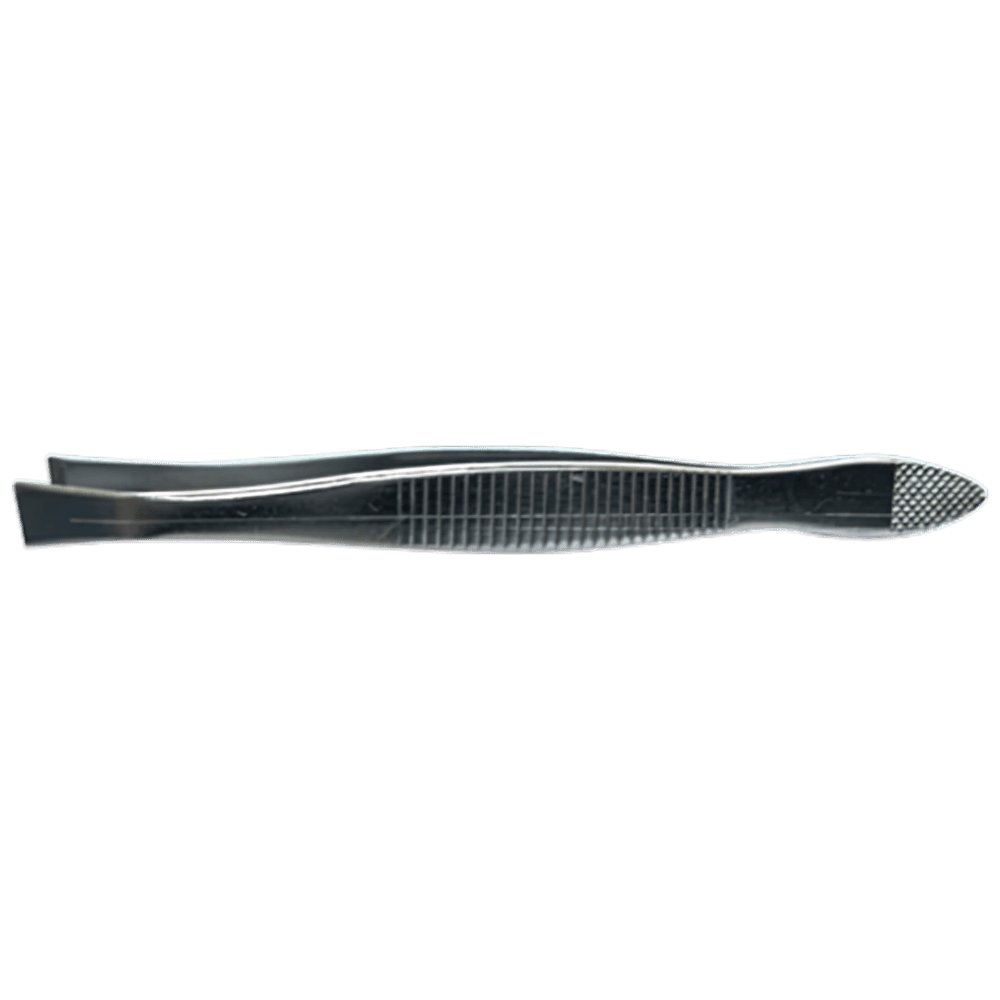 Stainless steel first aid tweezers with flat spade tip, 7.5cm