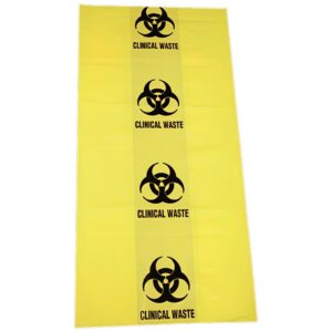 Yellow 10L clinical waste bag printed with biohazard symbols