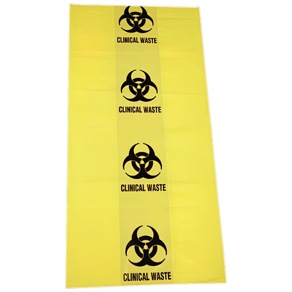 Yellow 10L clinical waste bag printed with biohazard symbols