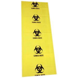 Long yellow 120L clinical waste bag printed with biohazard symbols